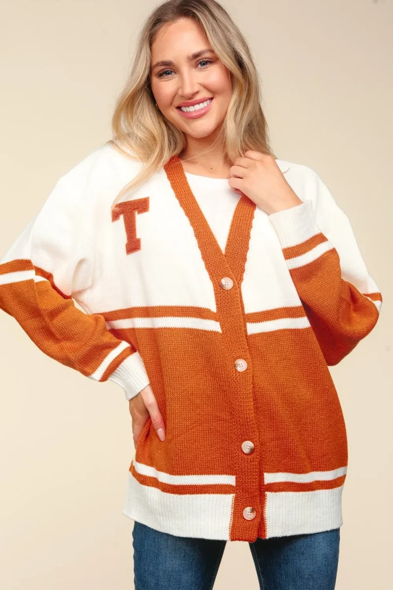 Full Size V Neck Button Down Letter Patch Cardigan - Burnt Orange