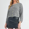 Striped Button Down Round Neck Cardigan - Black