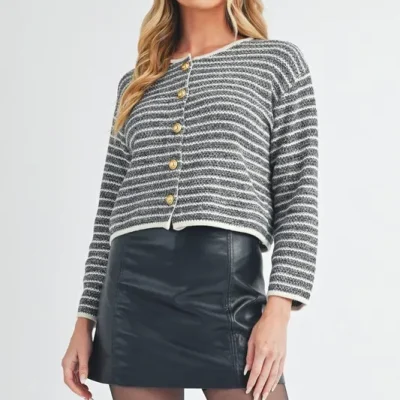Striped Button Down Round Neck Cardigan - Black