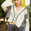 Cable-Knit Plaid V-Neck Button Up Cardigan - Natural Multicolor