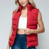 Zip Up Turtleneck Vest with Pockets - Red
