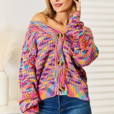 Woven Right V-Neck Long Sleeve Cardigan - Multicolor