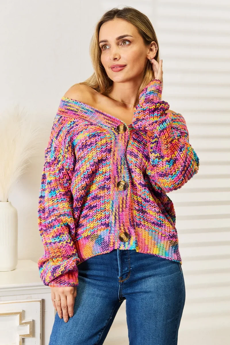 Woven Right V-Neck Long Sleeve Cardigan - Multicolor