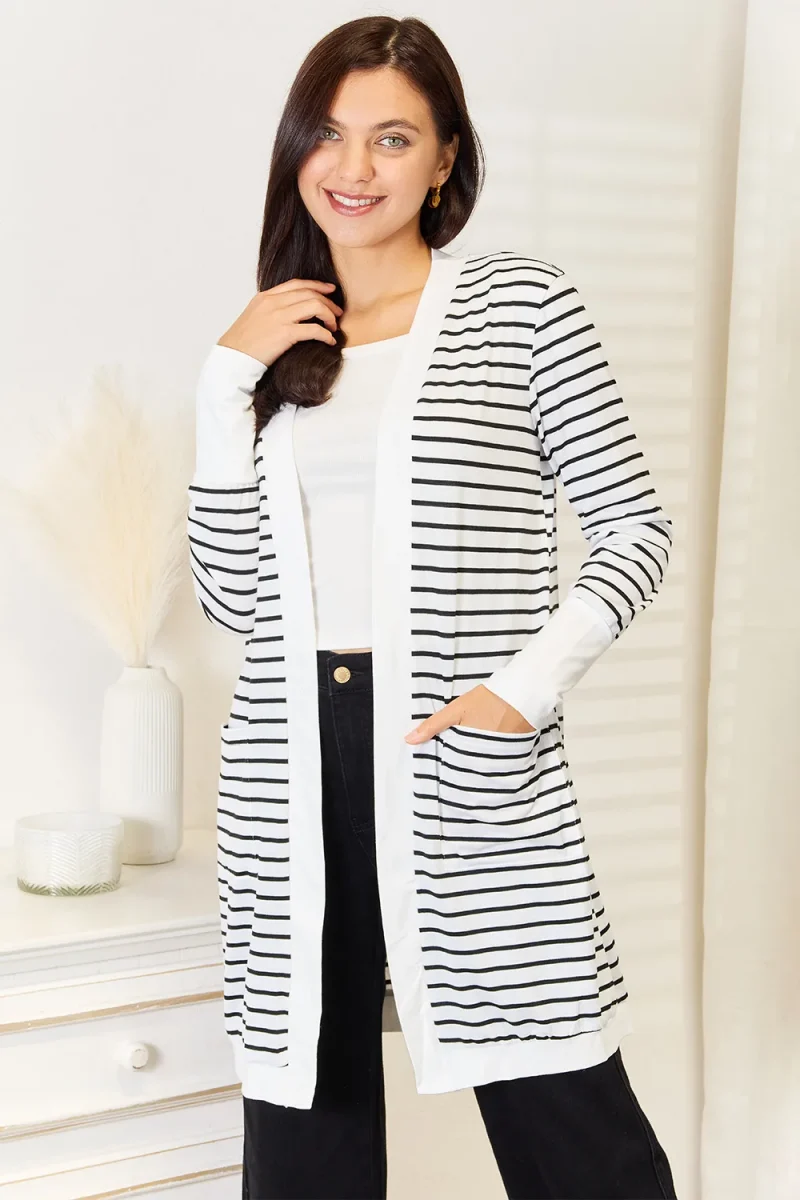 Striped Open Front Longline Cardigan - White