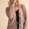 Ribbed Hem Button Down V-Neck Cardigan - Mocha