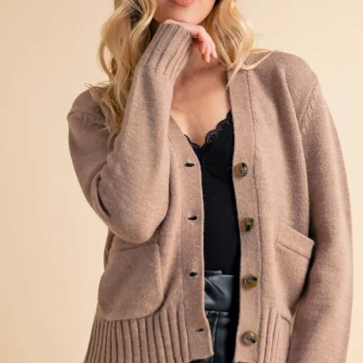 Ribbed Hem Button Down V-Neck Cardigan - Mocha