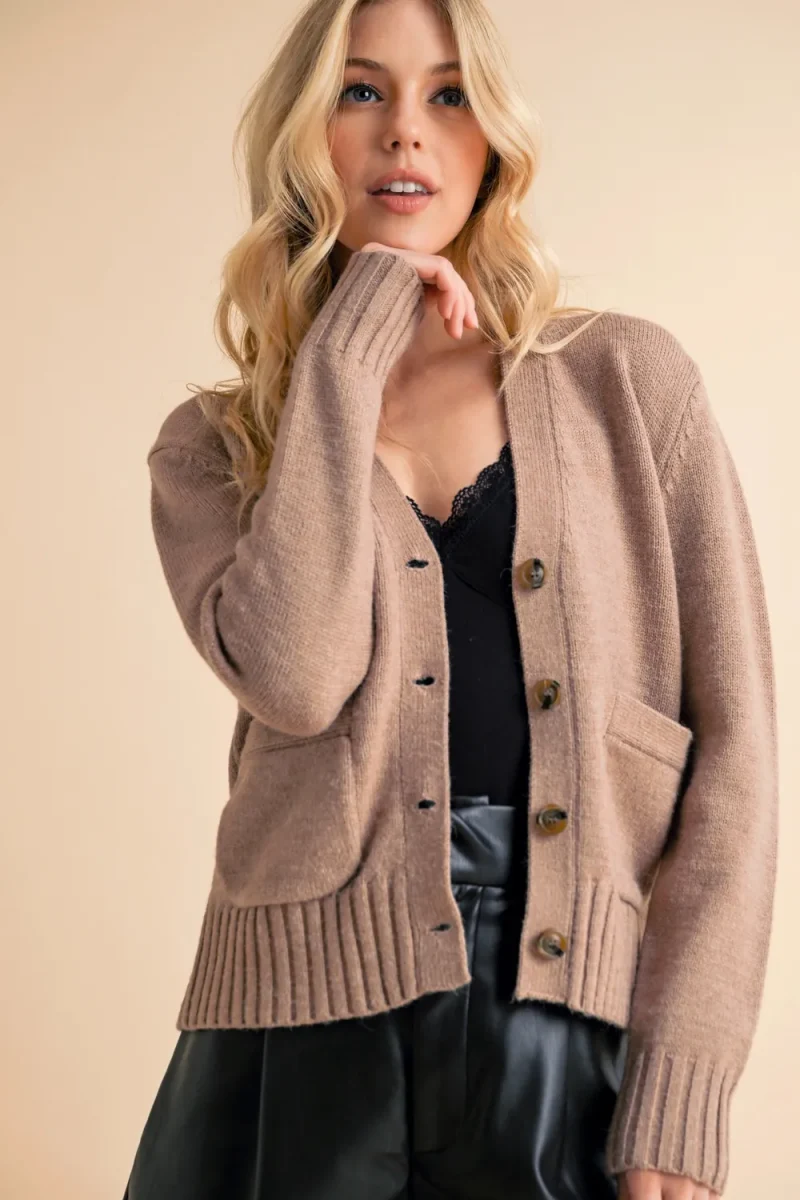 Ribbed Hem Button Down V-Neck Cardigan - Mocha