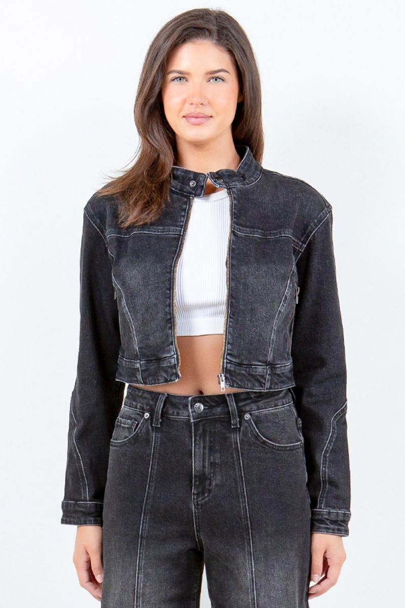 Full Size Zip Up Cropped Denim Rider Jacket Plus Size - Black