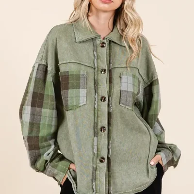 Button Down Contrast Plaid Patchwork Shacket - Moss