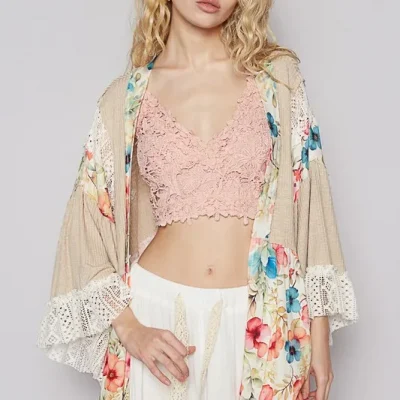 Floral Crochet Detail Open Front 3/4 Sleeve Cardigan - Tan