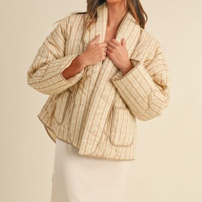 Floral Printed Quilted Open Jacket - Lt Taupe