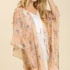 Umgee Full Size Sheer Mixed Print Kimono with Side Slit Plus Size - Peach Mix