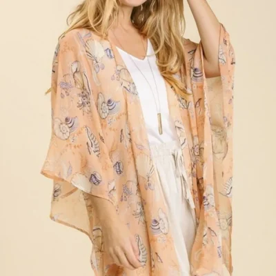 Umgee Full Size Sheer Mixed Print Kimono with Side Slit Plus Size - Peach Mix