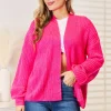 Rib-Knit Open Front Drop Shoulder Cardigan - Hot Pink
