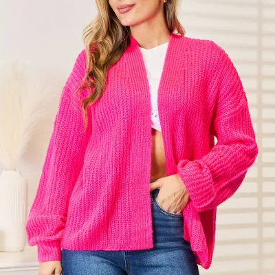Rib-Knit Open Front Drop Shoulder Cardigan - Hot Pink