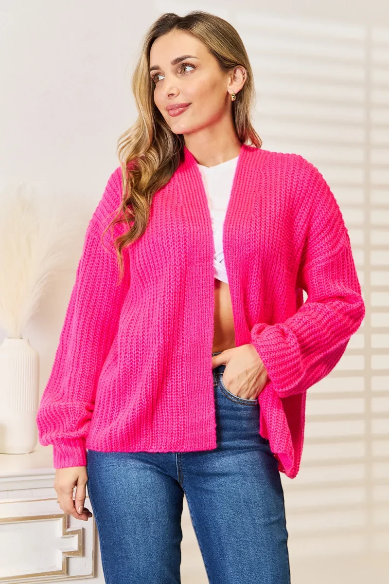 Rib-Knit Open Front Drop Shoulder Cardigan - Hot Pink