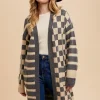 Checkered & Striped Open Front Long Sleeve Cardigan - Dark Gray