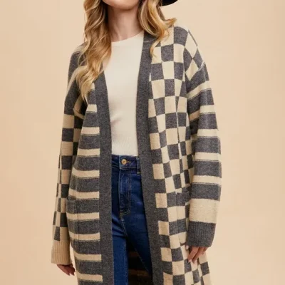 Checkered & Striped Open Front Long Sleeve Cardigan - Dark Gray