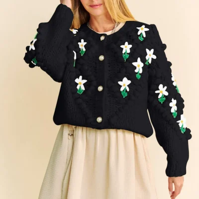 Floral Pattern Button Down Cardigan - Black