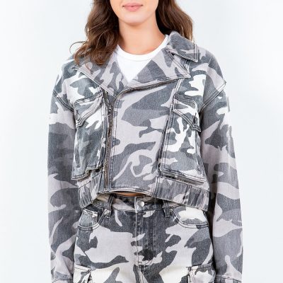 Full Size Camouflage Zip Up Cropped Rider Jacket Plus Size - Gray Camouflage