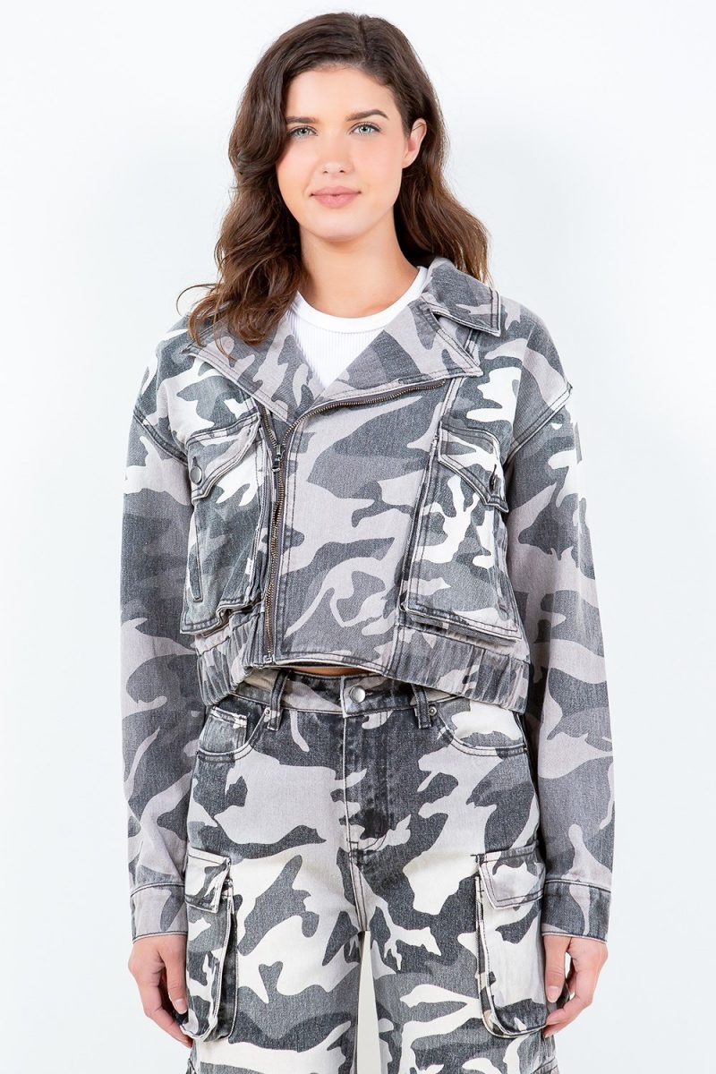 Full Size Camouflage Zip Up Cropped Rider Jacket Plus Size - Gray Camouflage