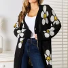 Floral Button Down Longline Cardigan - Black