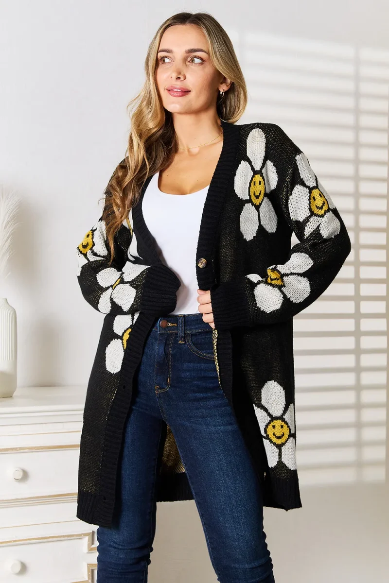 Floral Button Down Longline Cardigan - Black