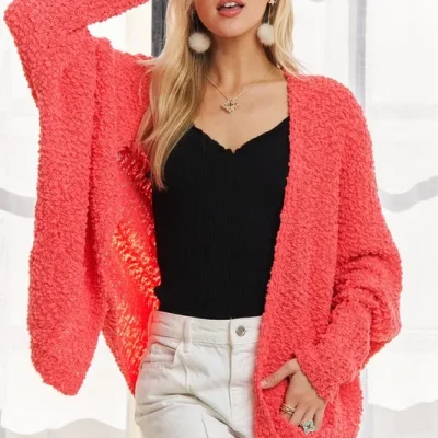 Popcorn Knit Open Front Long Sleeve Cardigan - Coral