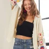 Full Size Contrast Crochet Open Front Long Sleeve Cardigan - Ivory