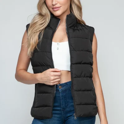 Zip Up Turtleneck Vest with Pockets - Black