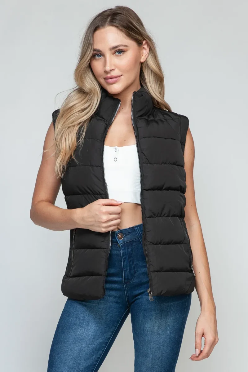 Zip Up Turtleneck Vest with Pockets - Black