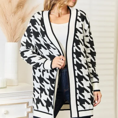 Woven Right Houndstooth Open Front Longline Cardigan - Black