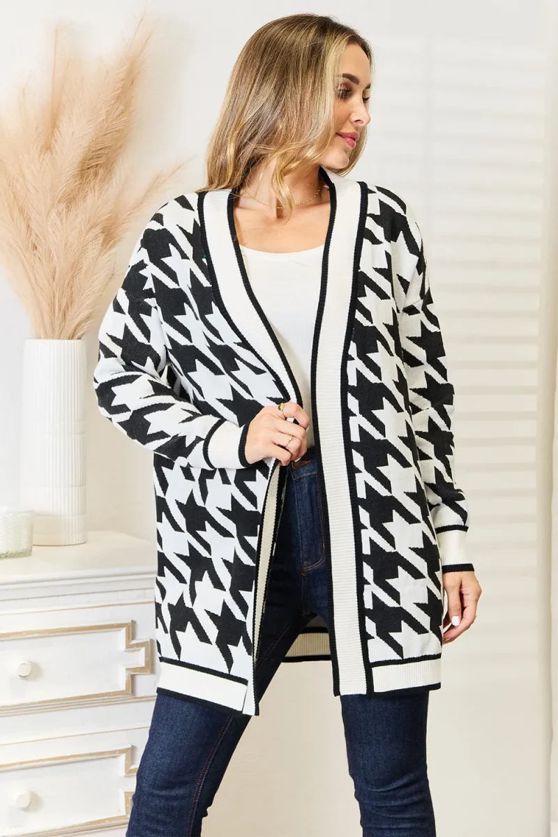 Woven Right Houndstooth Open Front Longline Cardigan - Black