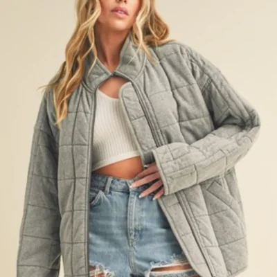 Zip Up Drop Shoulder Quilted Washed Jacket - Gray