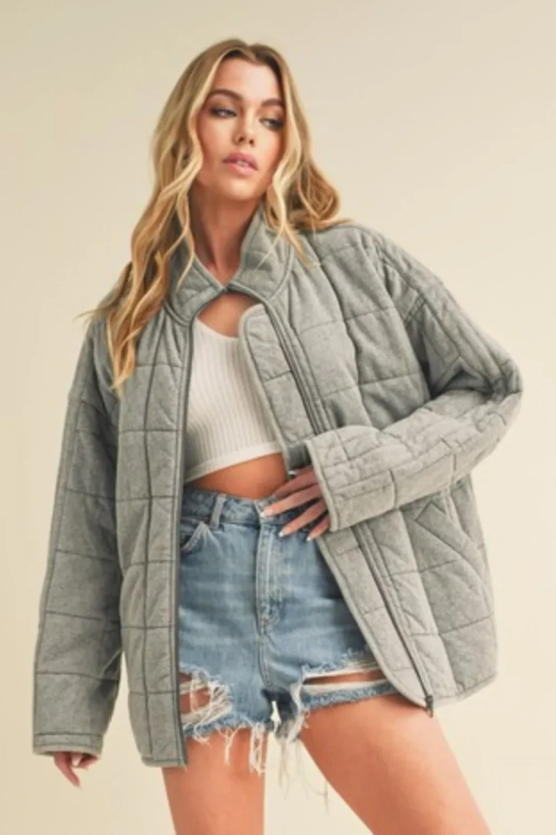 Zip Up Drop Shoulder Quilted Washed Jacket - Gray