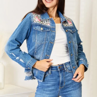 Leopard Floral Distressed Raw Hem Denim Jacket - Leopard