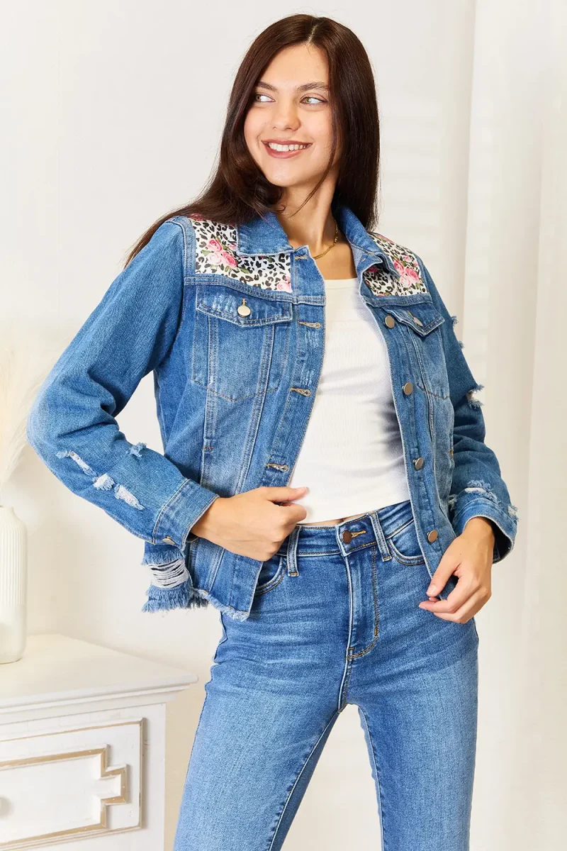 Leopard Floral Distressed Raw Hem Denim Jacket - Leopard