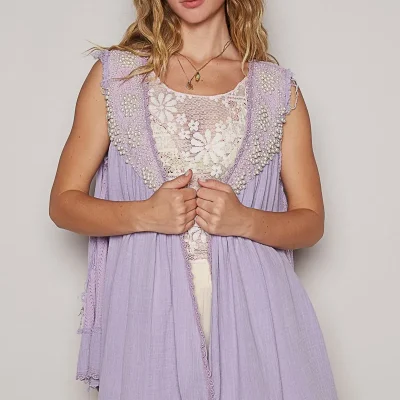 Embroidered Pearls Open Front Sleeveless Cardigan - Lavender
