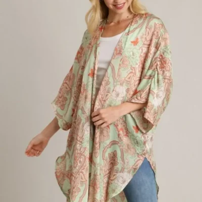 Umgee Full Size Mixed Print Open Front Kimono with Ruffle Sleeves Plus Size - Pistachio Mix
