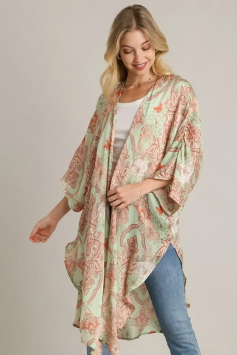 Umgee Full Size Mixed Print Open Front Kimono with Ruffle Sleeves Plus Size - Pistachio Mix