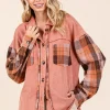 Button Down Contrast Plaid Patchwork Shacket - Terracotta