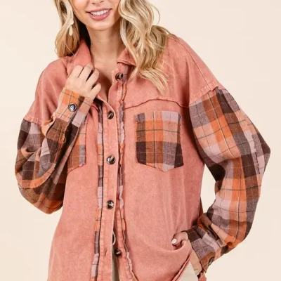 Button Down Contrast Plaid Patchwork Shacket - Terracotta