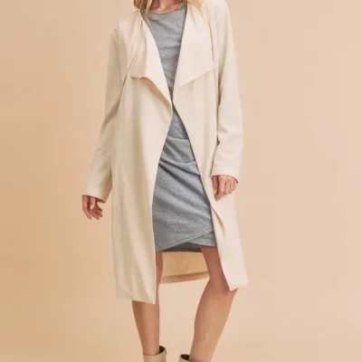 Open Front Long Sleeve Longline Coat - Ivory