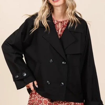 Double Breasted Long Sleeve Trench Coat Jacket - Black