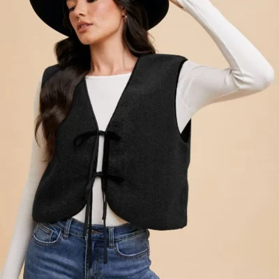 V-Neck Tie Detail Vest Coat - Black
