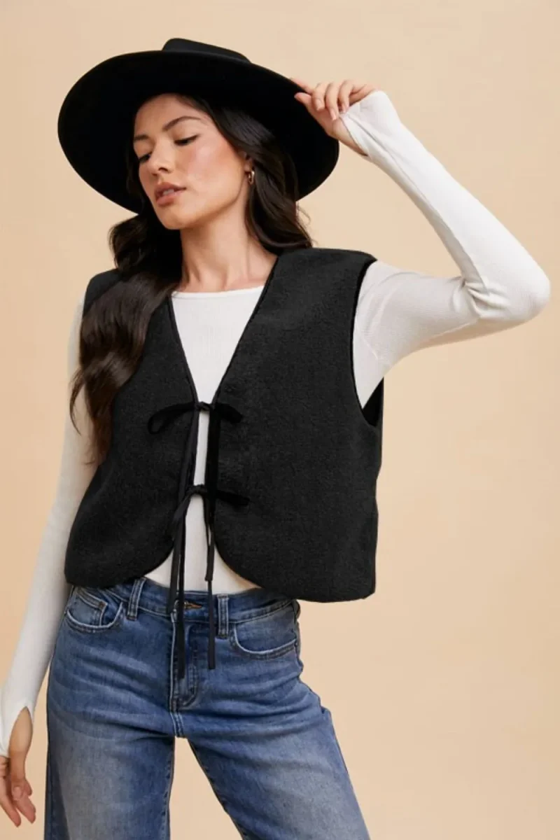 V-Neck Tie Detail Vest Coat - Black