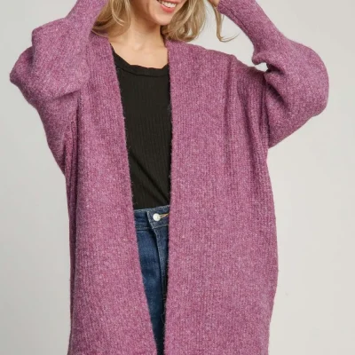 Umgee Full Size Wool Blend Open Front Lantern Sleeve Cardigan Plus Size - Red-Violet