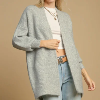 Umgee Full Size Wool Blend Open Front Lantern Sleeve Cardigan Plus Size - Light Gray