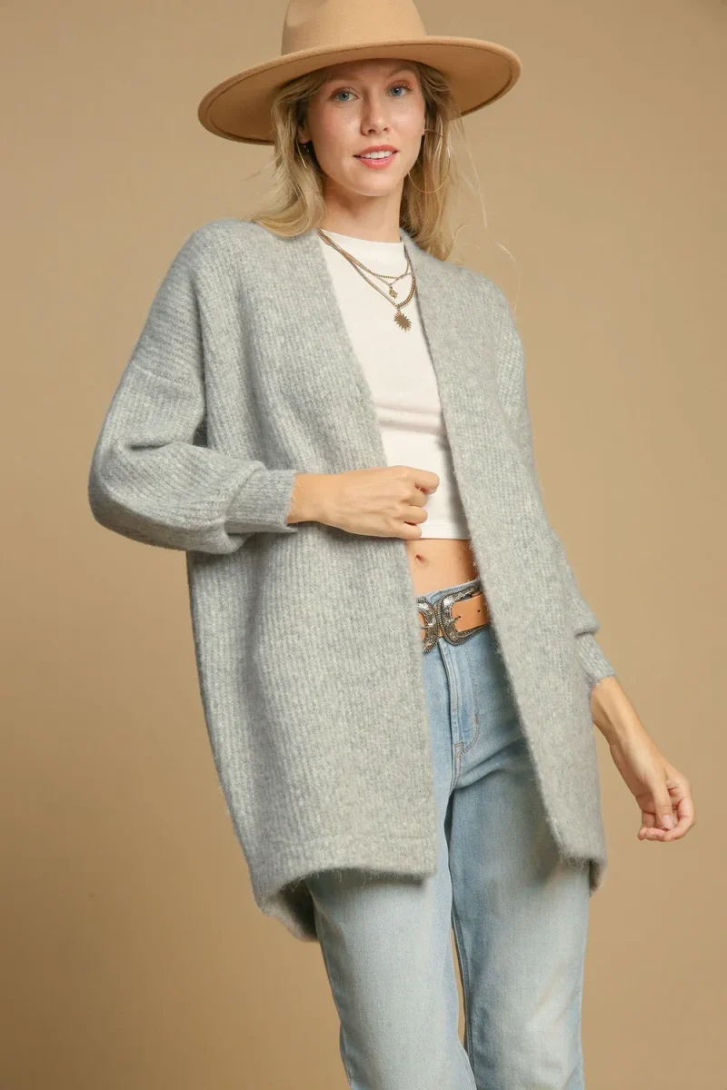 Umgee Full Size Wool Blend Open Front Lantern Sleeve Cardigan Plus Size - Light Gray