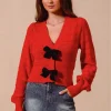 Contrast Bow Front Sweater Cardigan - Red/Black